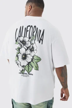Plus Oversized California Back Print Floral T-shirt In White | BoohooMAN UK