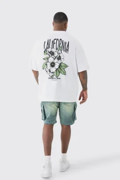 Plus Oversized California Back Print Floral T-shirt In White | BoohooMAN UK