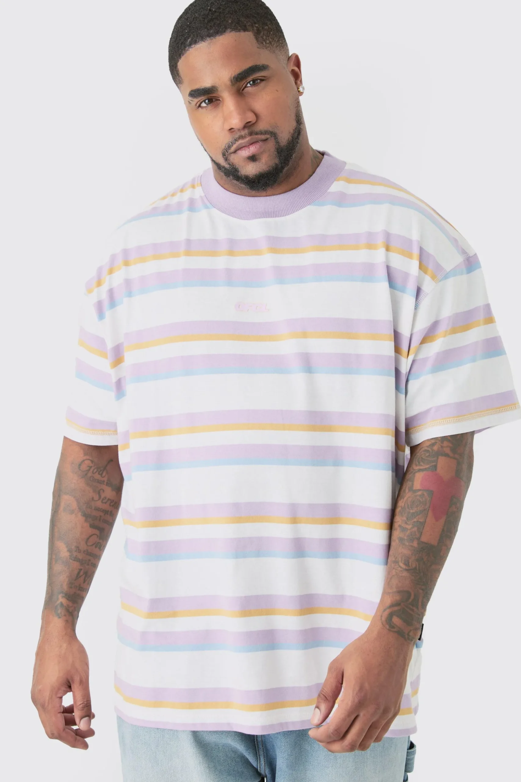 Plus Oversized Carded Heavy Striped Ofcl T-shirt | BoohooMAN UK