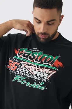 Plus Oversized Castrol GTX License Print T-Shirt | BoohooMAN UK