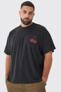 Plus Oversized Cherry Rhinestone Printed T-Shirt In Black | BoohooMAN UK