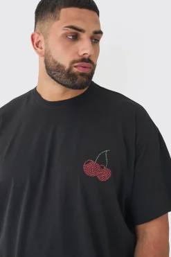 Plus Oversized Cherry Rhinestone Printed T-Shirt In Black | BoohooMAN UK
