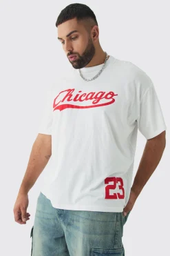Plus Oversized Chicago Varsity Print T-shirt | BoohooMAN UK