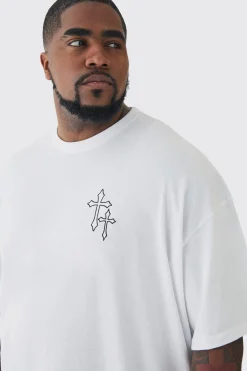 Plus Oversized Cross Embroidered T-shirt In White | BoohooMAN UK
