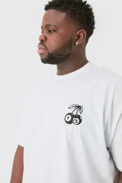 Plus Oversized Dice Cherry Embroidered T-shirt In White | BoohooMAN UK