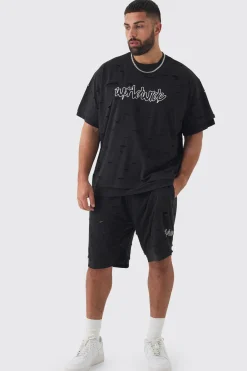 Plus Oversized Distressed Double Layer Worldwide T-Shirt & Short Set | BoohooMAN UK
