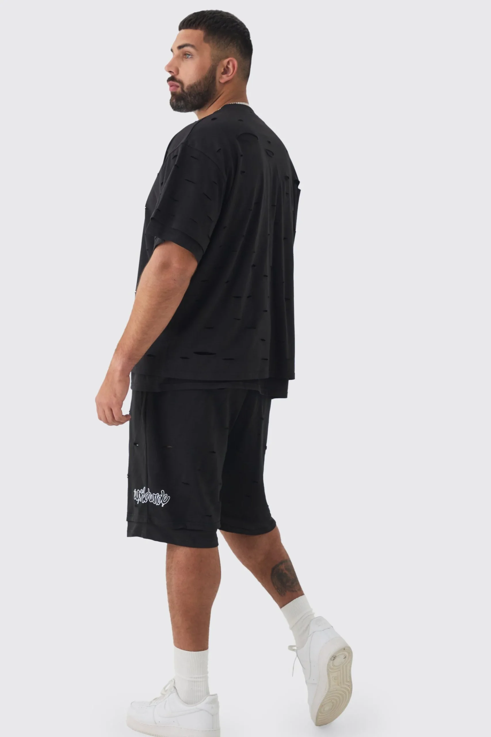 Plus Oversized Distressed Double Layer Worldwide T-Shirt & Short Set | BoohooMAN UK