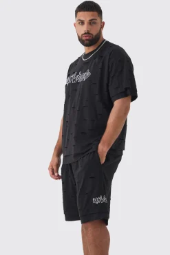 Plus Oversized Distressed Double Layer Worldwide T-Shirt & Short Set | BoohooMAN UK