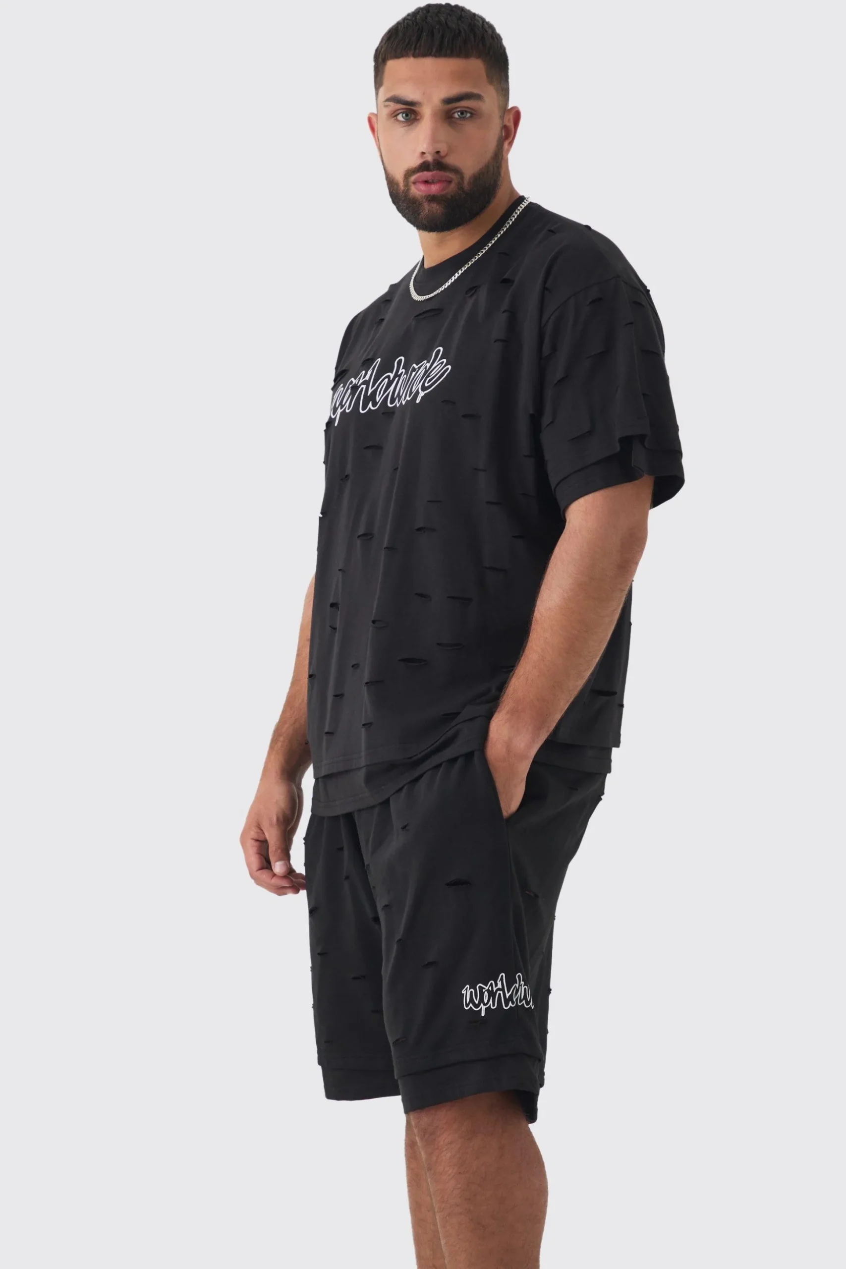 Plus Oversized Distressed Double Layer Worldwide T-Shirt & Short Set | BoohooMAN UK