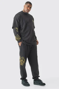 Plus Oversized Dragon Faux Layer T-shirt Tracksuit | BoohooMAN UK