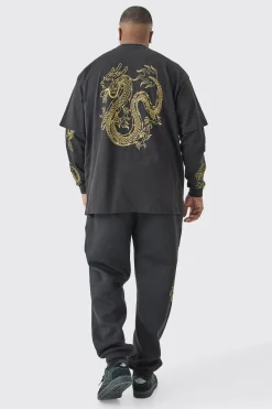 Plus Oversized Dragon Faux Layer T-shirt Tracksuit | BoohooMAN UK