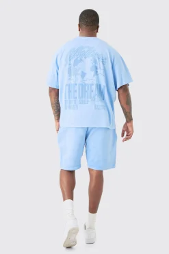 Plus Oversized Dream Worldwide Print T-shirt In Light Blue | BoohooMAN UK