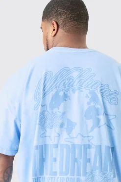 Plus Oversized Dream Worldwide Print T-shirt In Light Blue | BoohooMAN UK