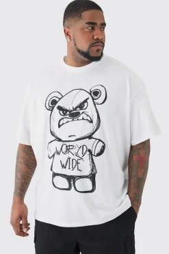 Plus Oversized Evil Teddy T-shirt In White | BoohooMAN UK