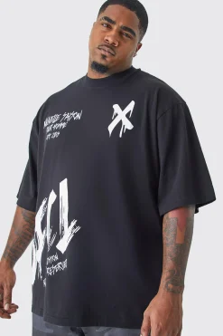 Plus Oversized Extended Neck Graffiti T-shirt | BoohooMAN UK