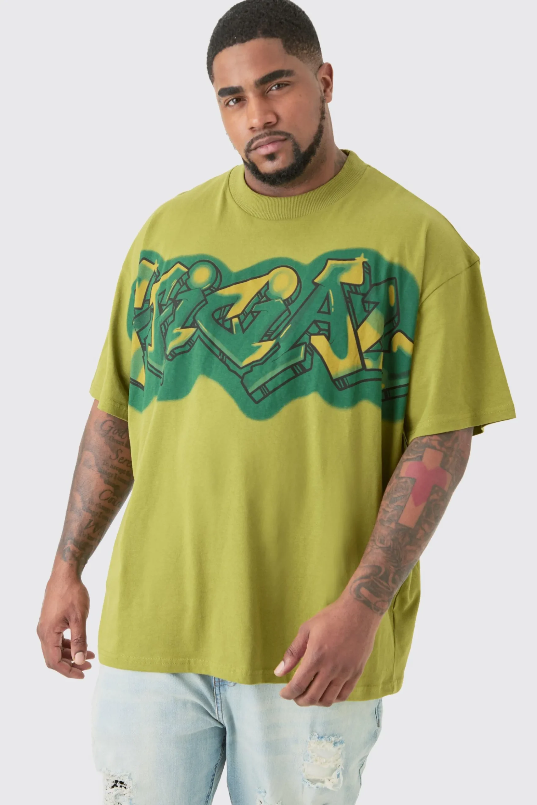 Plus Oversized Extended Neck Graffiti Spray T Shirt | BoohooMAN UK