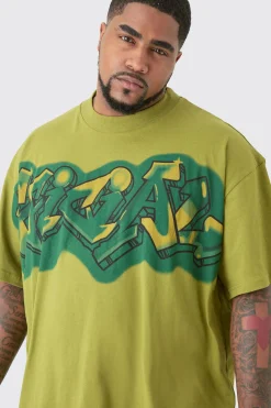 Plus Oversized Extended Neck Graffiti Spray T Shirt | BoohooMAN UK