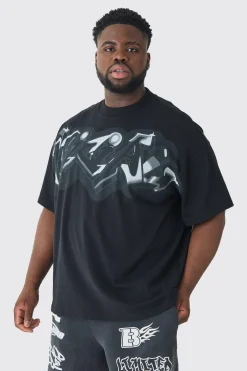 Plus Oversized Extended Neck Graffiti Spray T-shirt | BoohooMAN UK