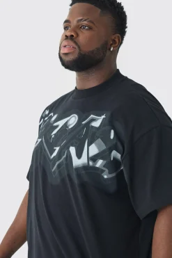 Plus Oversized Extended Neck Graffiti Spray T-shirt | BoohooMAN UK