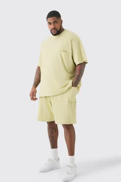 Plus Oversized Extended Neck Panel T-shirt & Cargo Short Set | BoohooMAN UK