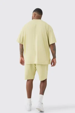 Plus Oversized Extended Neck Panel T-shirt & Cargo Short Set | BoohooMAN UK