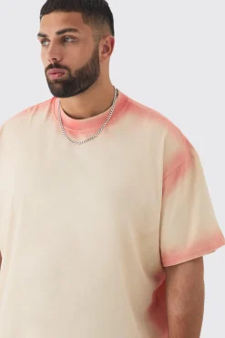 Plus Oversized Extended Neck Spray Wash T-shirt | BoohooMAN UK