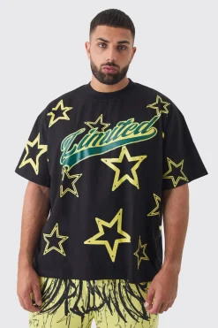 Plus Oversized Extended Neck Limited Star Print T-shirt | BoohooMAN UK