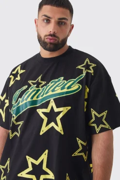 Plus Oversized Extended Neck Limited Star Print T-shirt | BoohooMAN UK