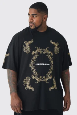 Plus Oversized Extended Neck Official Man Baroque Print T-Shirt | BoohooMAN UK