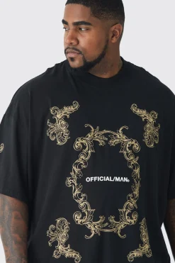 Plus Oversized Extended Neck Official Man Baroque Print T-Shirt | BoohooMAN UK