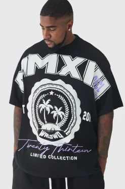 Plus Oversized Extended Neck MMXIII Large Scale Print T-Shirt | BoohooMAN UK
