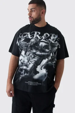 Plus Oversized Extended Neck Cherub Large Scale Print T-Shirt | BoohooMAN UK