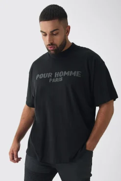 Plus Oversized Extended Neck Pour Homme Puff Print T-Shirt | BoohooMAN UK