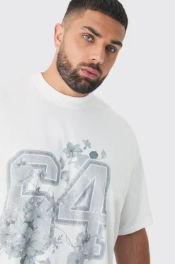 Plus Oversized Extended Neck Floral Varsity Print T-Shirt | BoohooMAN UK