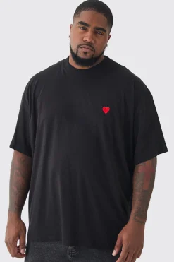 Plus Oversized Extended Neck Heart Embroidered T-Shirt | BoohooMAN UK