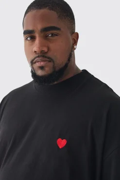 Plus Oversized Extended Neck Heart Embroidered T-Shirt | BoohooMAN UK