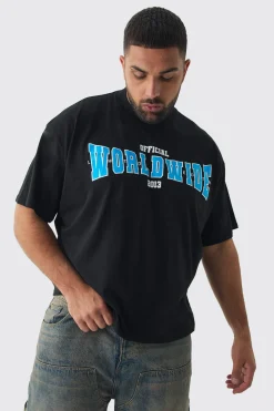 Plus Oversized Extended Neck Boxy Worldwide Print T-Shirt | BoohooMAN UK