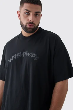 Plus Oversized Extended Neck Worldwide Gothic Cross Print T-Shirt | BoohooMAN UK