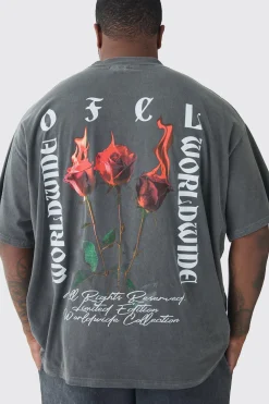 Plus Oversized Extended Neck Flame Rose Print Washed T-shirt | BoohooMAN UK
