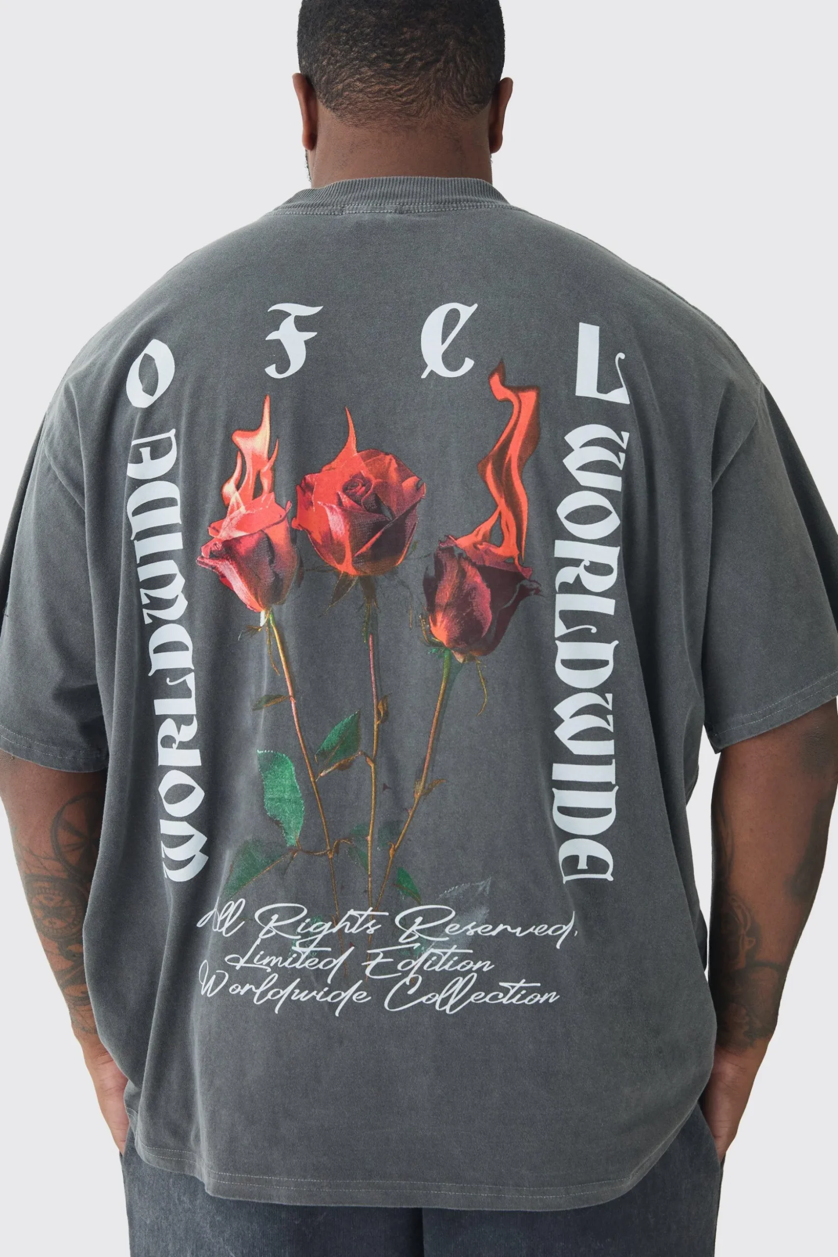 Plus Oversized Extended Neck Flame Rose Print Washed T-shirt | BoohooMAN UK