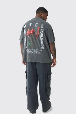 Plus Oversized Extended Neck Flame Rose Print Washed T-shirt | BoohooMAN UK