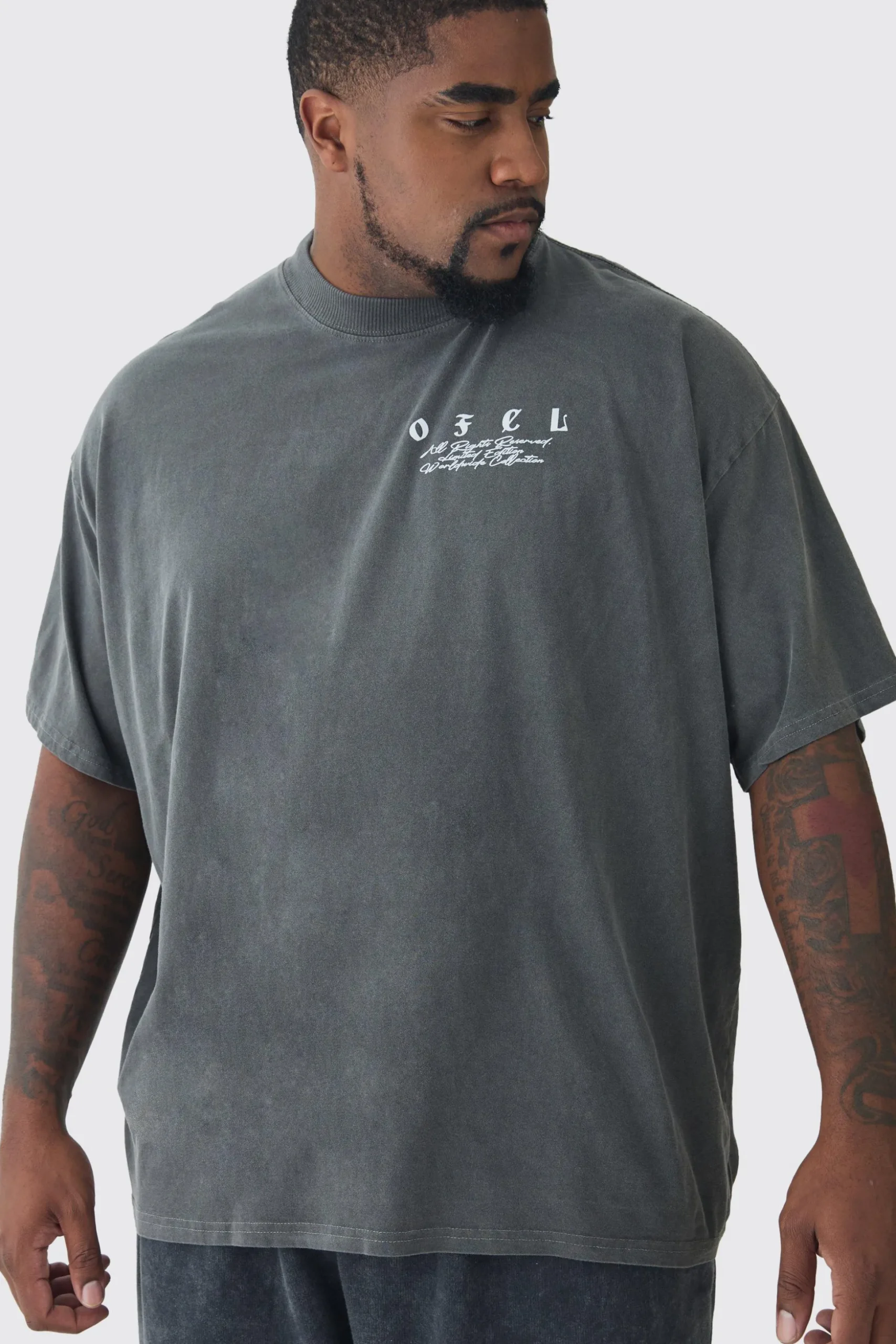 Plus Oversized Extended Neck Flame Rose Print Washed T-shirt | BoohooMAN UK