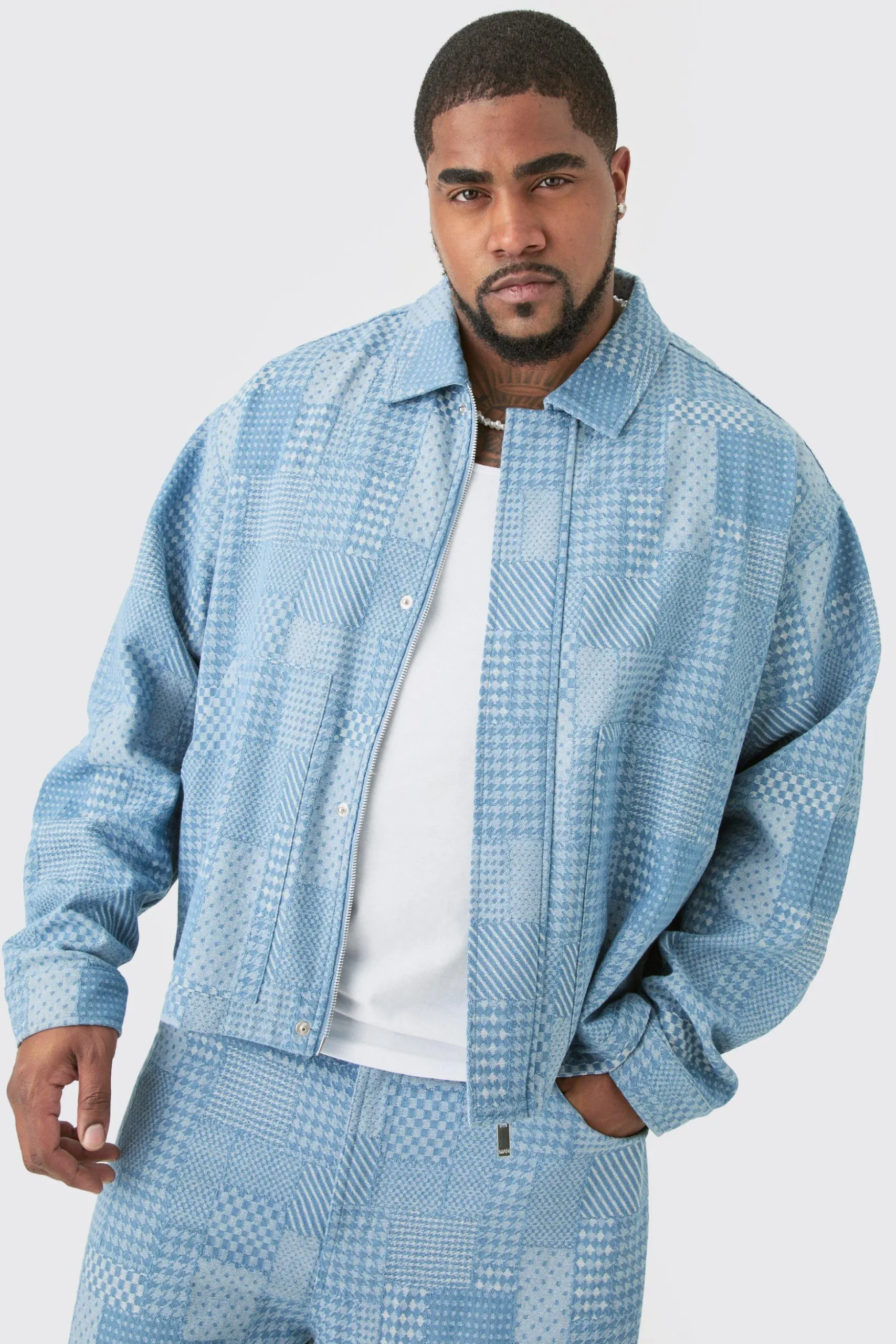 Plus Oversized Fit Fabric Interest Denim Jacket | BoohooMAN UK