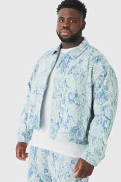 Plus Oversized Fit Fabric Interest Denim Jacket | BoohooMAN UK
