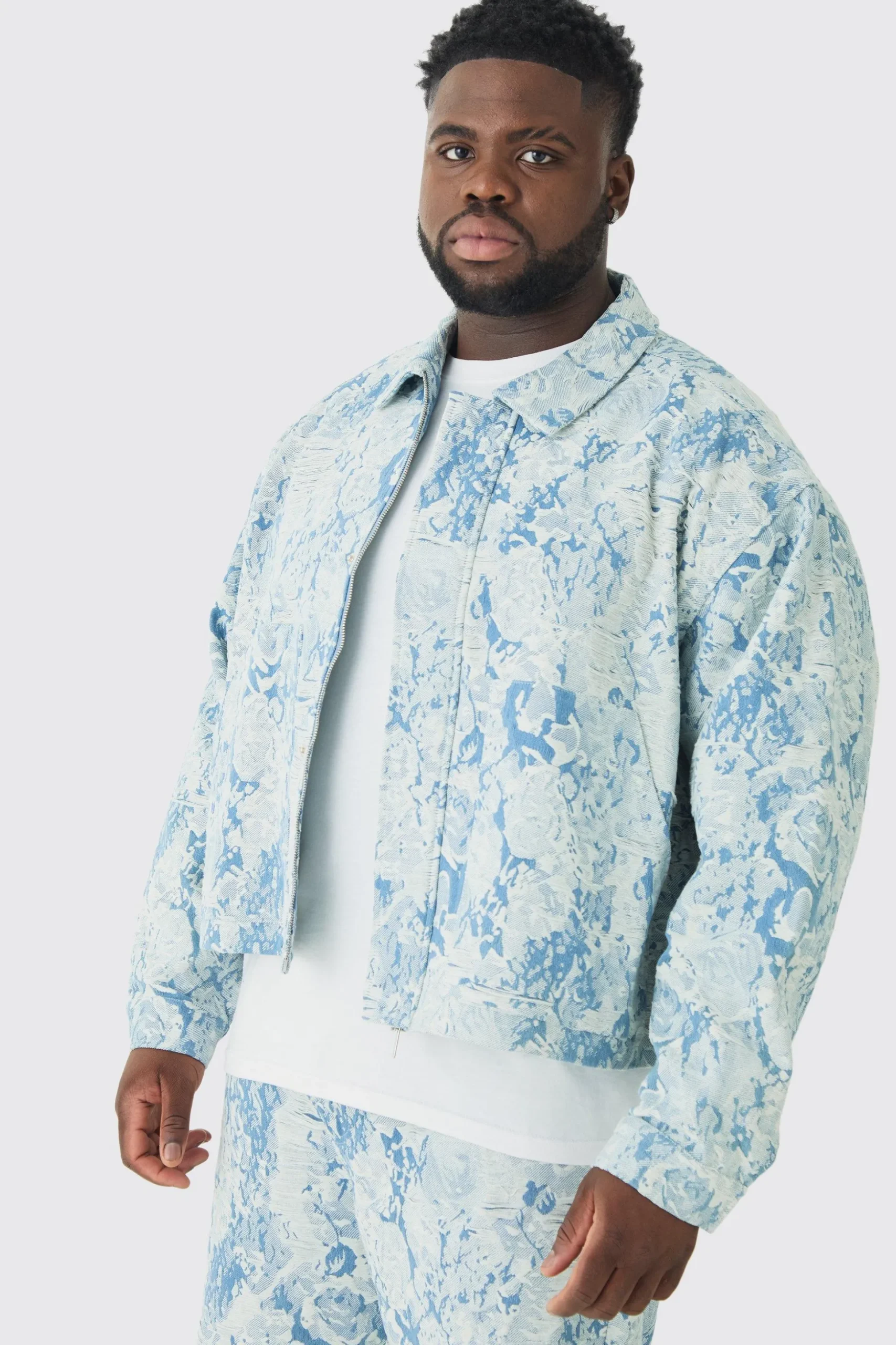 Plus Oversized Fit Fabric Interest Denim Jacket | BoohooMAN UK