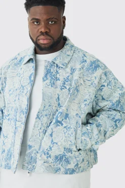 Plus Oversized Fit Fabric Interest Denim Jacket | BoohooMAN UK