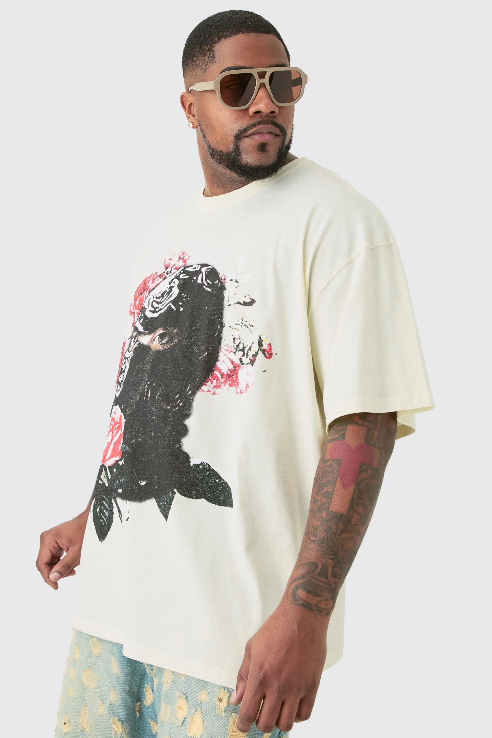 Plus Oversized Floral Balaclava Print T-shirt In Ecru | BoohooMAN UK