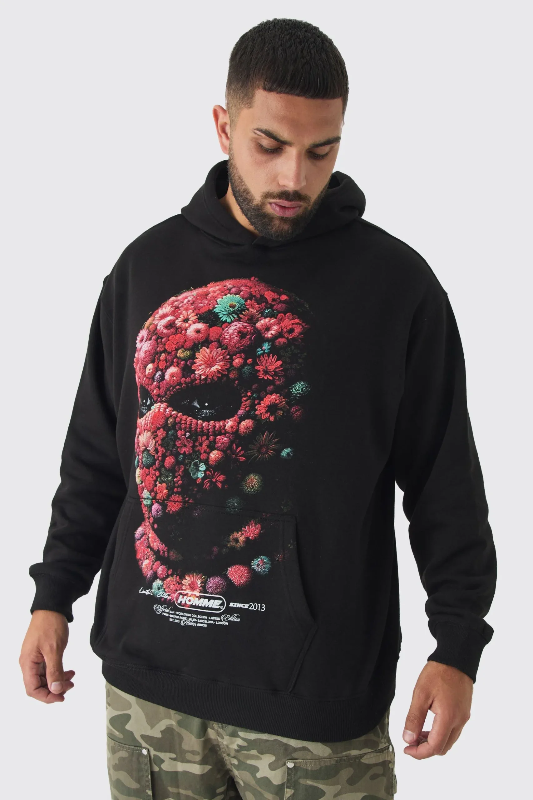 Plus Oversized Floral Balaclava Print Hoodie | BoohooMAN UK