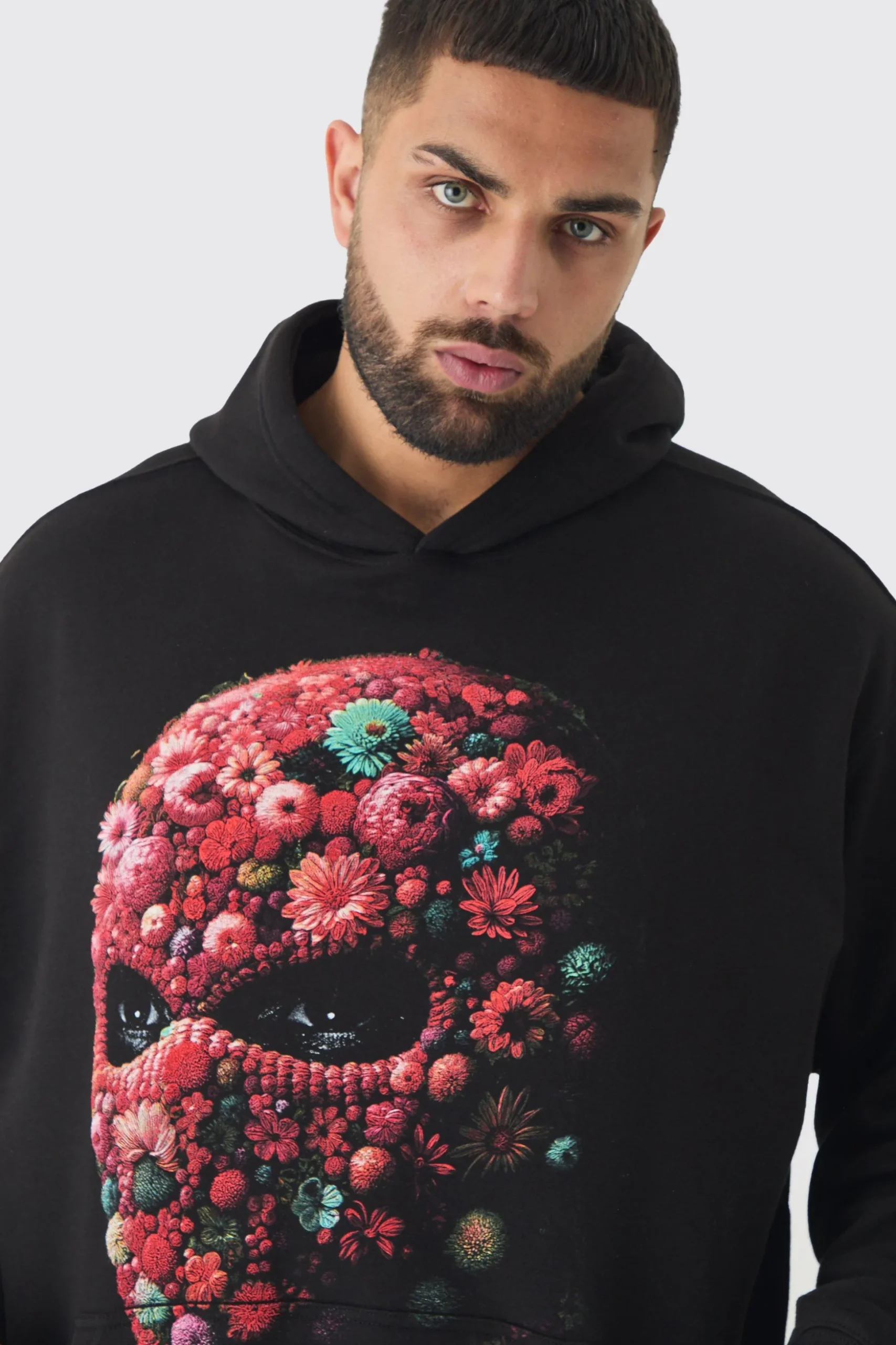 Plus Oversized Floral Balaclava Print Hoodie | BoohooMAN UK