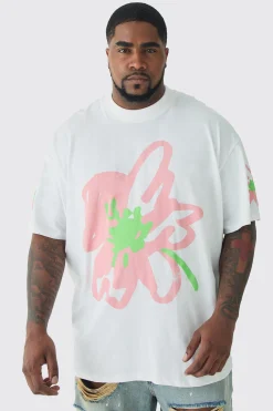 Plus Oversized Floral Doodle Print T-shirt | BoohooMAN UK